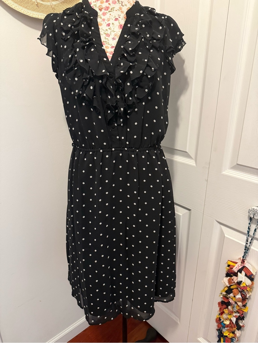 Worthington Black Polka Dot Ruffle V-Neck Dress